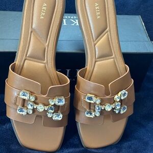 AKIRA Women's Tan Sandals with Crystal Embellishments